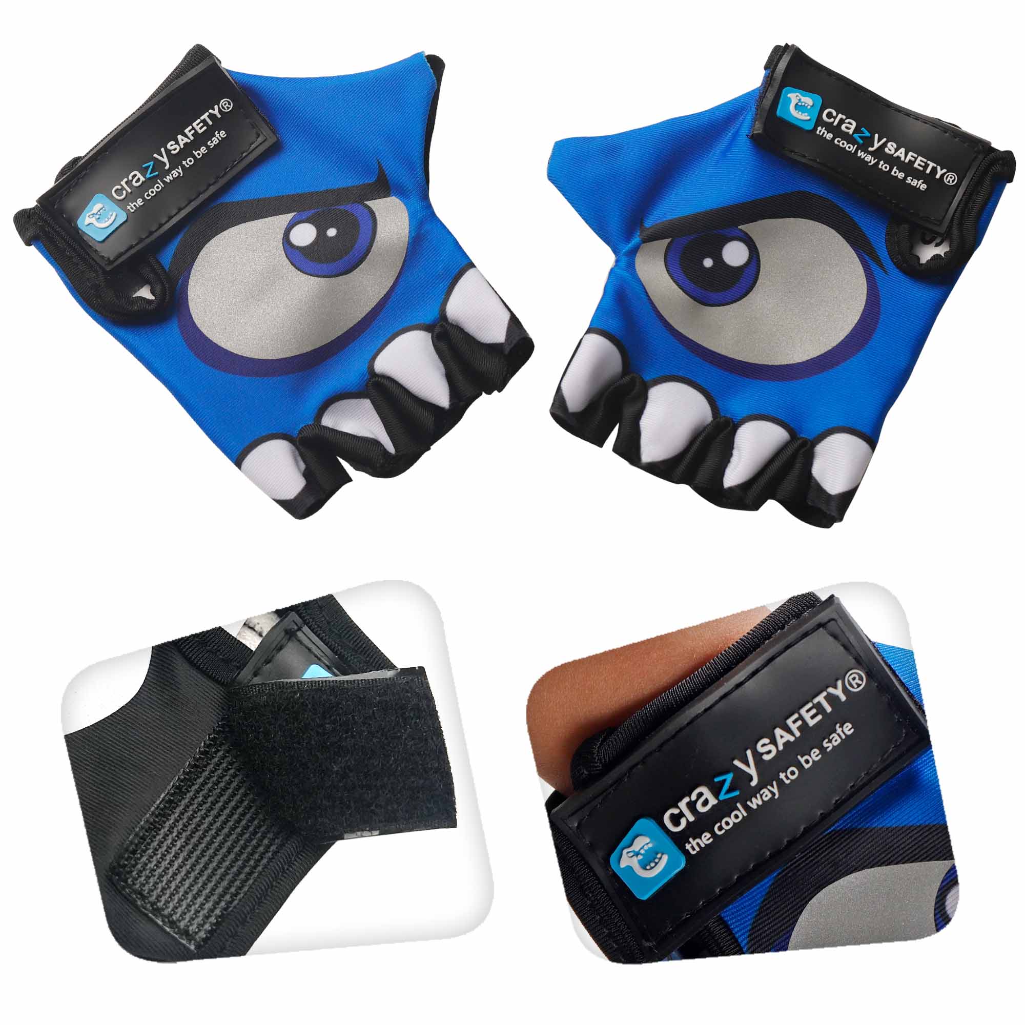 Product bundle: Blue dino bike helmet, protective gear, lock, and cycling gloves for kids.