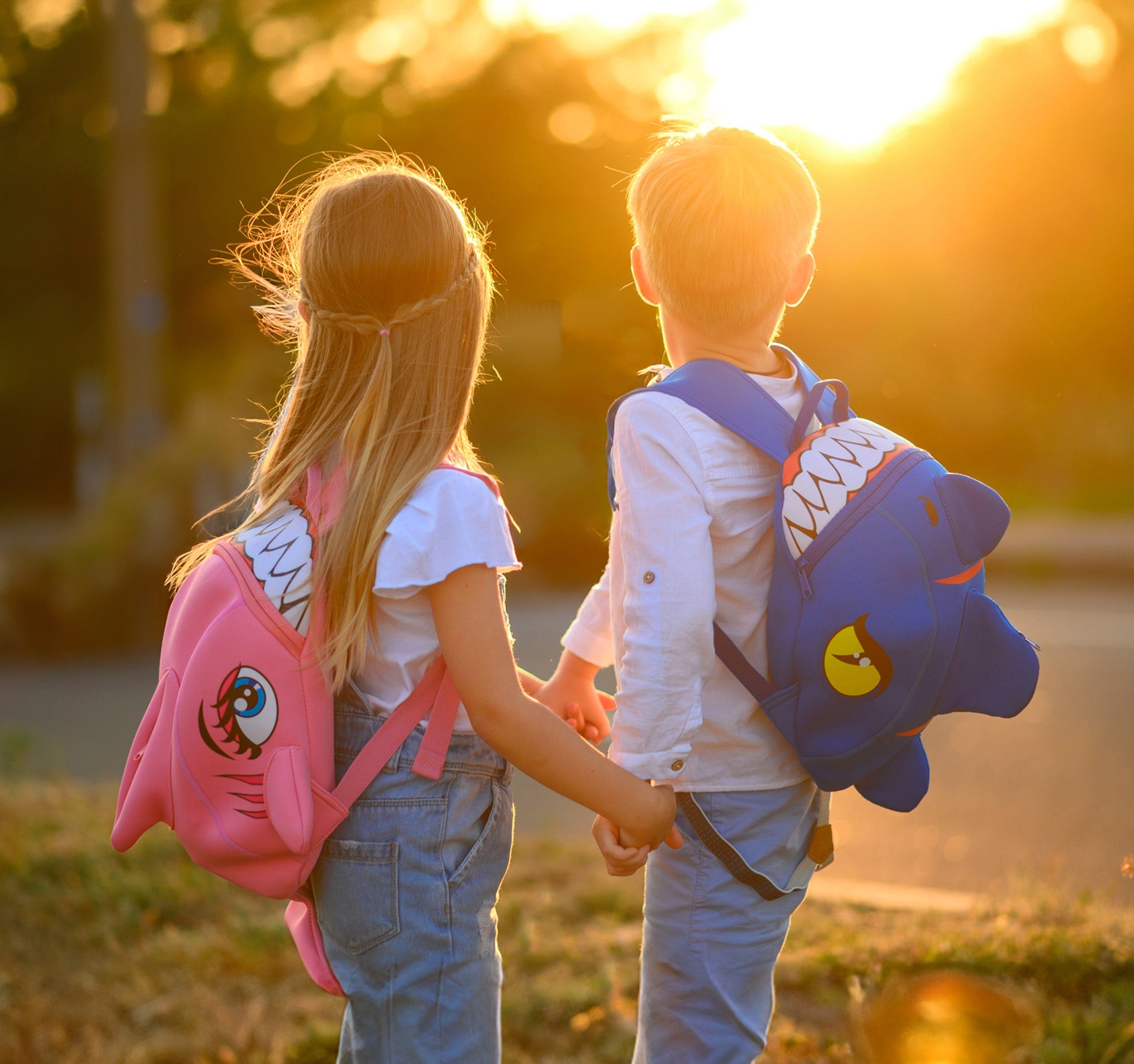 Two kids with Crazy Safety backpacks