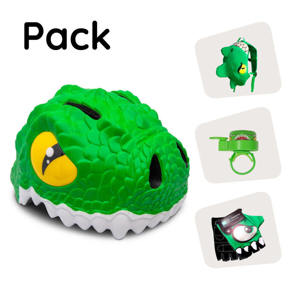 Product bundle: Green crocodile bike helmet, backpack, cycling gloves & bell.