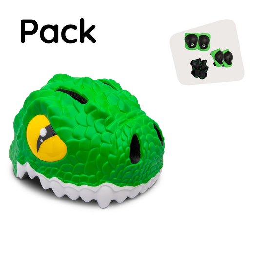 Product bundle: Green Crocodile Bicycle Helmet, and Protective Gear for Children