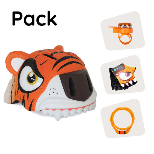 Product bundle: Orange tiger bike helmet, cycling gloves, lock, and tiger bell for kids.