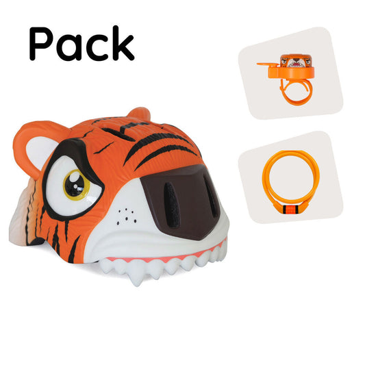 Produktpaket: Orange Tiger Fahrradhelm, Schloss und Tiger Bell für Kinder 