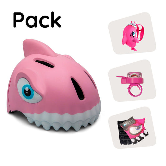 Produktpaket: Pink Shark Fahrradhelm, Shark Rucksack, Shark Fahrradhandschuhe und Shark Ring Bell für Kinder