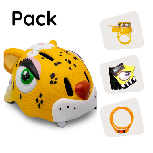 Product bundle: Yellow leopard bicycle helmet, cycling gloves, lock, and leopard ring bell for children