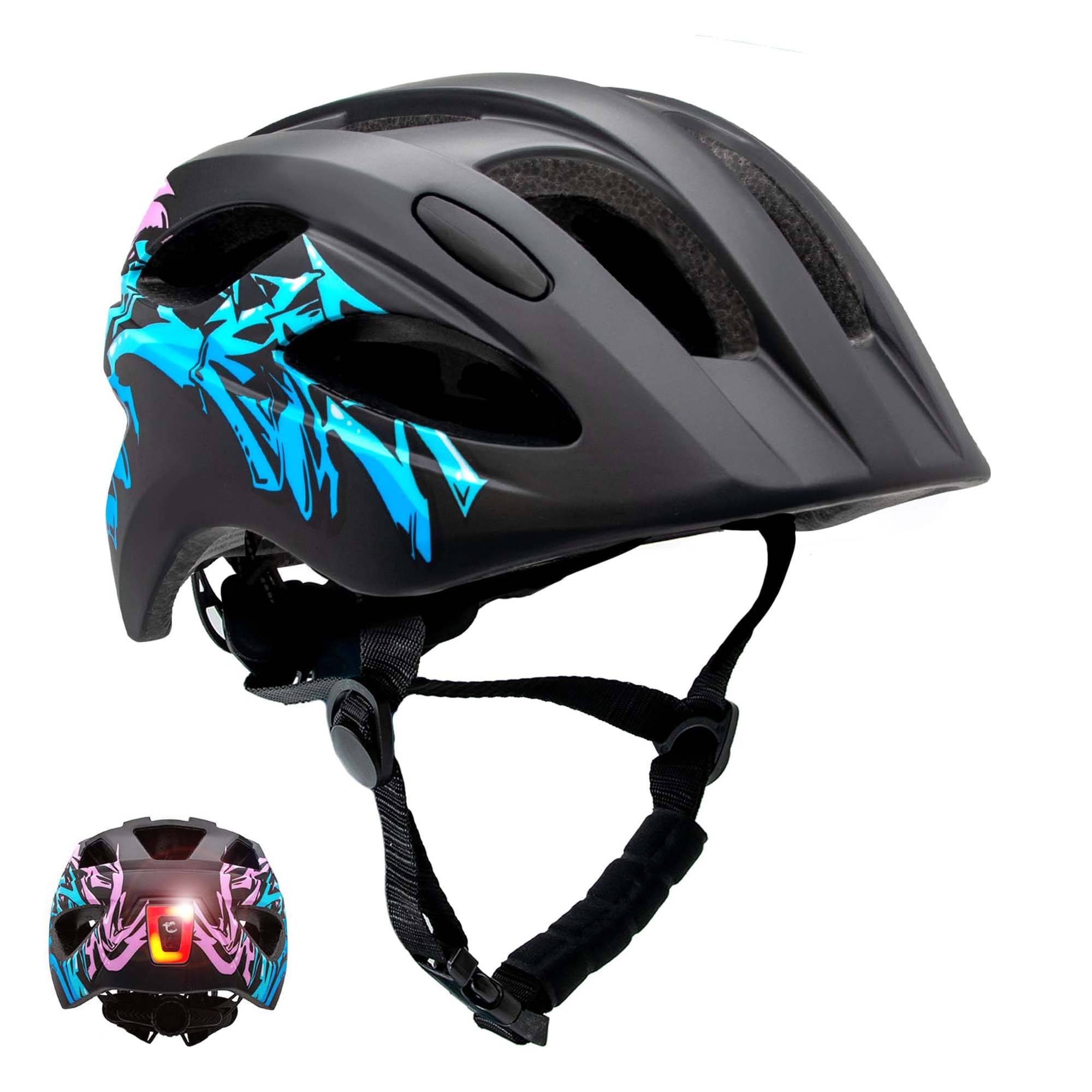 Crazy Safety Bicycle helmet Black/blue / M (54-58cm) Graffiti Splash children's helmet with light