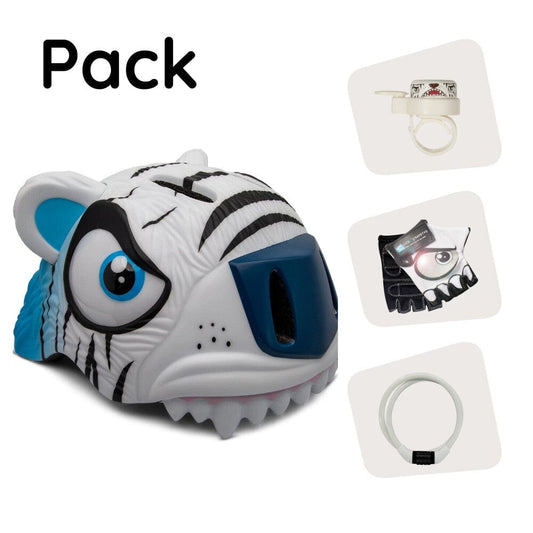 Crazy Safety Bicycle helmet Product bundle: White tiger bicycle helmet, cycling gloves, lock, and tiger bell for children